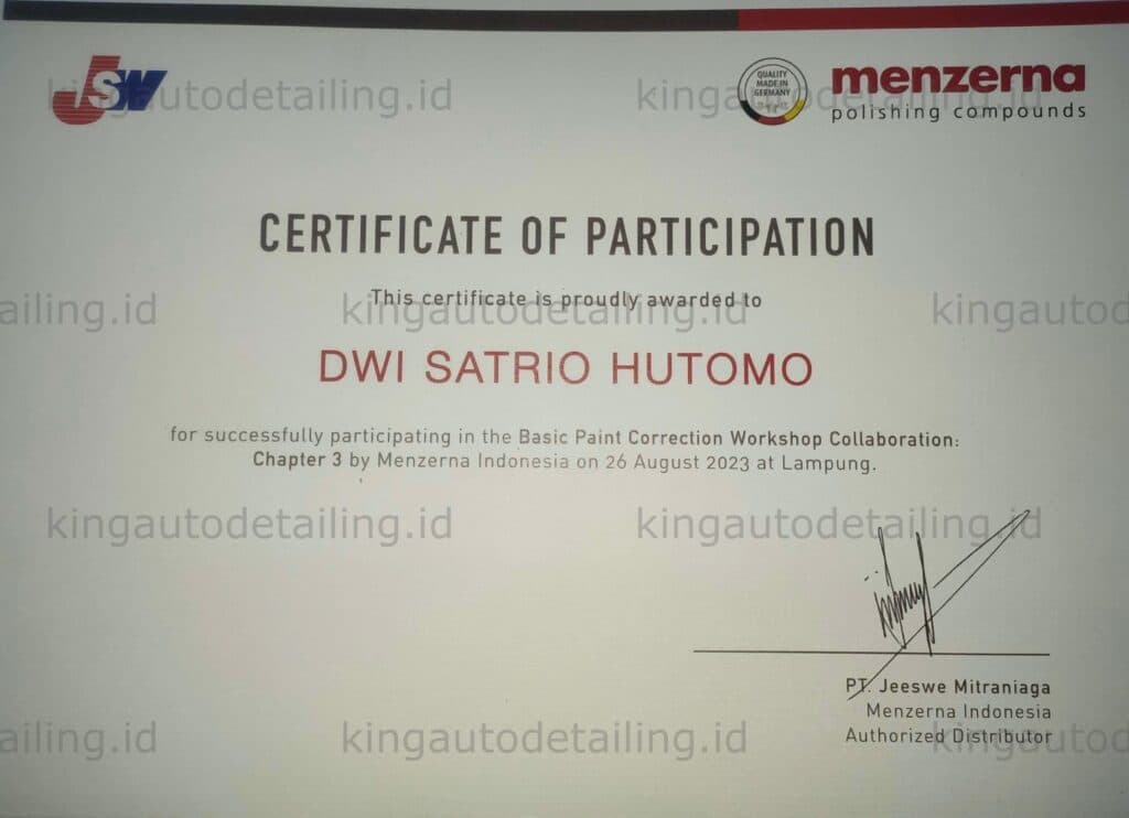 Sertifikat Menzerna untuk detailer King Auto Detailing